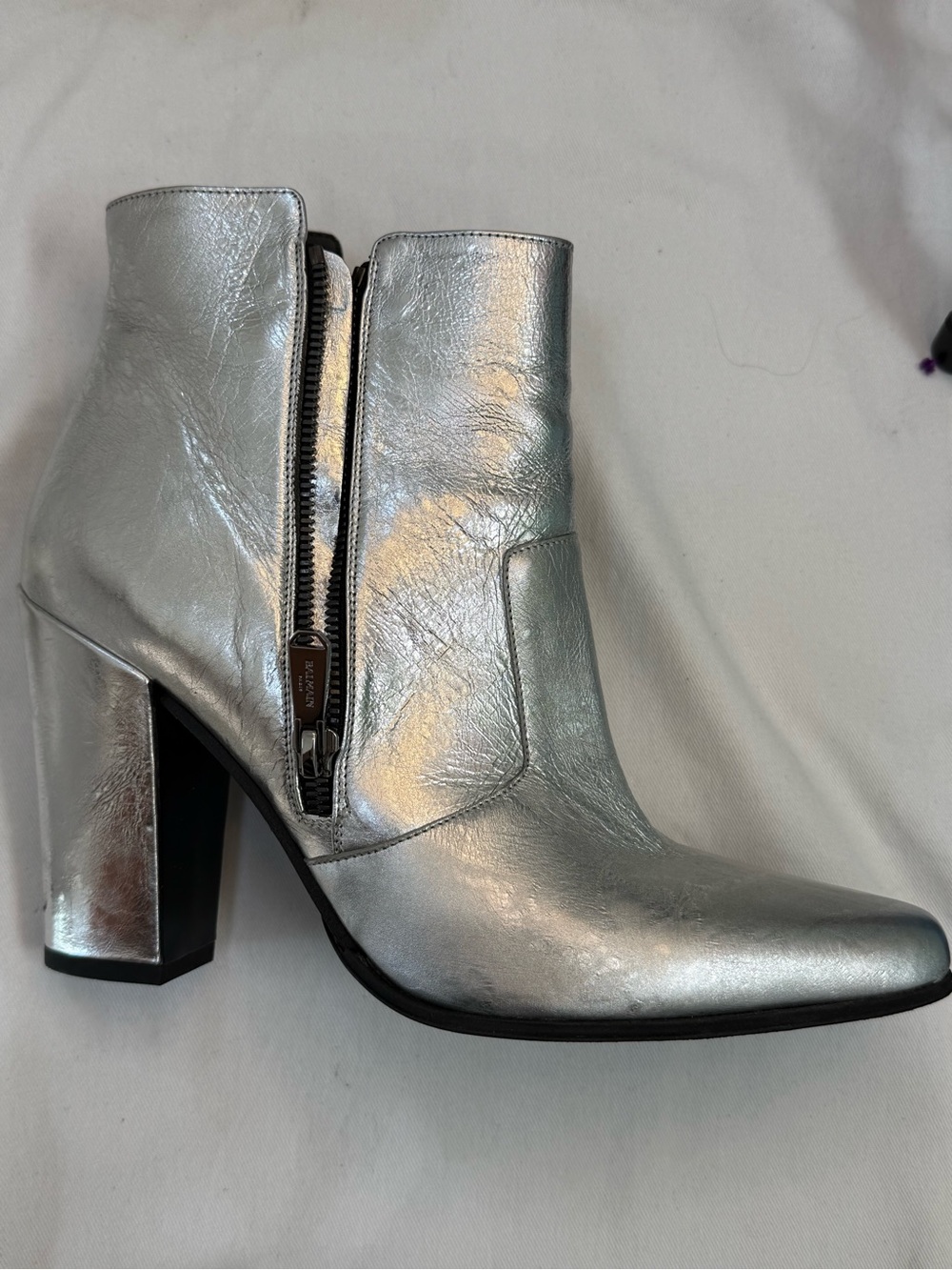 Balmain Silver Leather Sculpted Block Heel Ankle Boots
